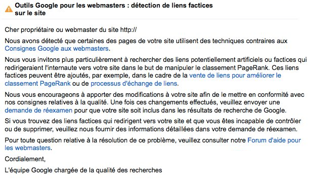 Message pénalité manuelle GWT liens factices unnatural inbound links